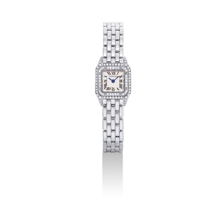 Cartier CARTIER. A LADY'S FINE 18K WHITE GOLD AND DIAMOND-SET SQUARE BRACELET WATCH SIGNED CARTIER, MINI PANTHERE MODEL, REF. 2363, CASE NO. CC425108, CIRCA 1997