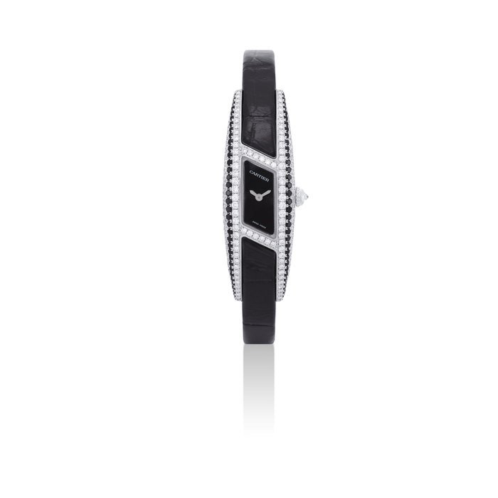 Cartier CARTIER. A LADY'S FINE 18K WHITE GOLD, BLACK DIAMOND AND DIAMOND-SET PARALLELOGRAM WRISTWATCH SIGNED CARTIER, HIMALIA MODEL, CASE NOS. 2571 AND 031793 SM, CIRCA 2003