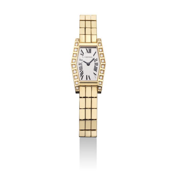 Cartier CARTIER. A LADY'S 18K GOLD AND DIAMOND-SET TONNEAU-SHAPED WRISTWATCH WITH BRACELET SIGNED CARTIER, LANIERE MODEL, CASE NOS. 912626CD AND 2561, CIRCA 2007