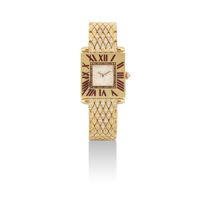 Cartier CARTIER. A RARE 18K GOLD AND DIAMOND-SET SQUARE BRACELET WATCH WITH ENAMEL NUMERALS SIGNED CARTIER, QUADRANT GRAND MODEL, CASE NO. A102536, CIRCA 1985