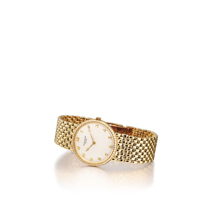 PATEK PHILIPPE. A FINE 18K GOLD AND DIAMOND-SET BRACELET WATCH WITH BREGUET NUMERALS SIGNED PATEK PHILIPPE, GENEVE, REF. 3820, MOVEMENT NO. 1'370'391, CASE NO. 2'818'117, CIRCA 1987