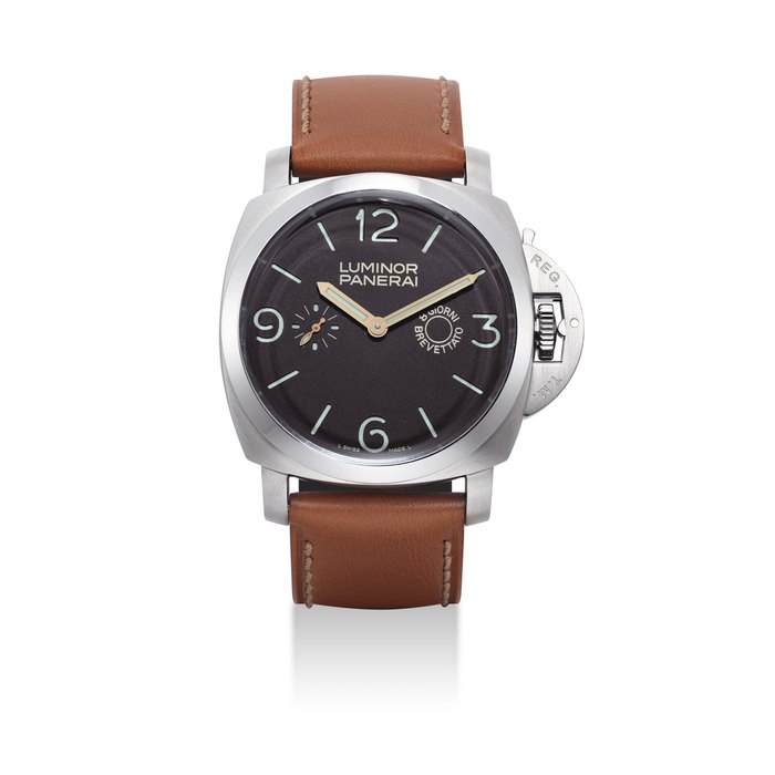 PANERAI. A FINE, VERY RARE AND OVERSIZED STAINLESS STEEL LIMITED EDITION CUSHION-SHAPED WRISTWATCH WITH 8 DAY POWER RESERVE AND ANGELUS MOVEMENT SIGNED PANERAI, LUMINOR 1950 8 DAYS MODEL, REF. PAM00203, NO. H086/150, CASE NOS. OP6624 AND BB 1171640, MANUFACTURED IN 2005