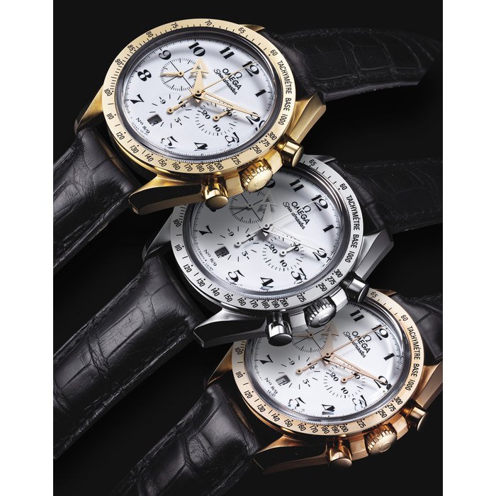Omega OMEGA. A FINE AND RARE SET OF THREE 18K GOLD, PINK OR WHITE GOLD LIMITED EDITION CHRONOGRAPH WRISTWATCHES WITH DATE AND ENAMEL DIAL SIGNED OMEGA, BROAD ARROW, SPEEDMASTER ENAMEL LIMITED SERIES MODEL, EACH NO. 8/9, CASE NOS. 78'020'333, 78'020'057 AND 78'020'433, CIRCA 2001