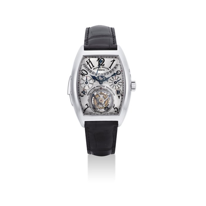 FRANCK MULLER. A VERY FINE AND RARE PLATINUM TONNEAU-SHAPED MINUTE REPEATING PERPETUAL CALENDAR TOURBILLON WRISTWATCH WITH RETROGRADE DATE, MOON PHASES, LEAP YEAR AND 24 HOUR INDICATION SIGNED FRANCK MULLER, GENEVE, REPETITION MINUTES TOURBILLON MODEL, REF. 7885 RMT QP, NO. 24, CIRCA 2008