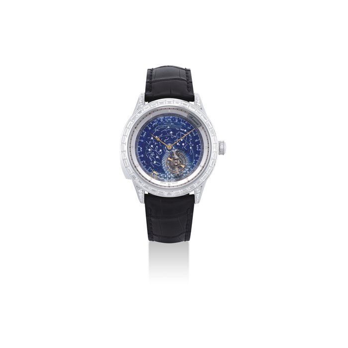 JAEGER-LECOULTRE. AN IMPORTANT AND VERY FINE 18K WHITE GOLD AND DIAMOND-SET MINUTE REPEATING WRISTWATCH WITH FLYING TOURBILLON, SKY CHART, DATE, MONTH AND 24 HOUR INDICATION SIGNED JAEGER-LECOULTRE, MASTER GRANDE TRADITION GRANDE COMPLICATION MODEL, REF. 187.3.46.S, CASE NO. 2'740'399, CIRCA 2013