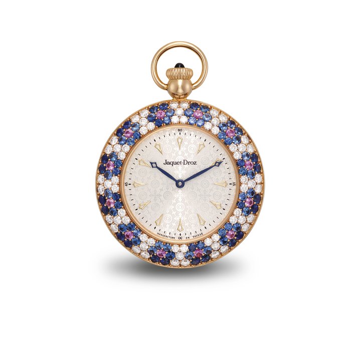 JAQUET DROZ. A FINE AND RARE 18K GOLD, DIAMOND, SAPPHIRE AND PINK SAPPHIRE-SET LIMITED EDITION OPENFACE KEYLESS LEVER WATCH SIGNED JAQUET DROZ, MOVEMENT NO. 7001, CIRCA 2000