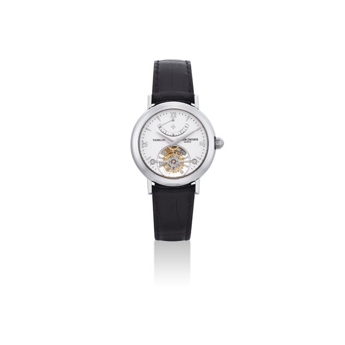 Vacheron Constantin VACHERON CONSTANTIN. A FINE AND RARE PLATINUM TWIN BARREL TOURBILLON WRISTWATCH WITH POWER RESERVE SIGNED VACHERON CONSTANTIN, GENEVE, LES COMPLICATIONS TOURBILLON MODEL, NO. 60, REF. 30050, MOVEMENT NO. 816'590, CASE NO. 633'289, CIRCA 1995