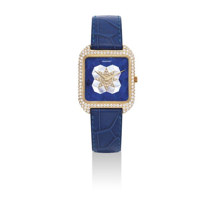 Vacheron Constantin VACHERON CONSTANTIN. A FINE 18K GOLD AND DIAMOND-SET RECTANGULAR AUTOMATIC WRISTWATCH WITH LAPIS LAZULI AND MOTHER-OF-PEARL DIAL SIGNED VACHERON CONSTANTIN, RETAILED BY CHAUMET, REF. 2636 RE, MOVEMENT NO. 684'489, CASE NO. 528'542 PP, CIRCA 1980