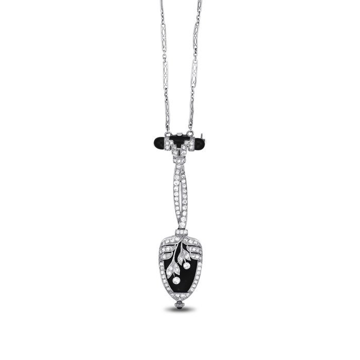 Audemars Piguet AUDEMARS PIGUET. A FINE AND RARE ART DECO PLATINUM, ENAMEL AND DIAMOND KEYLESS LEVER SWIVELING PENDANT WATCH WITH CHAIN SIGNED AUDEMARS PIGUET, NO. 32'681, CIRCA 1925