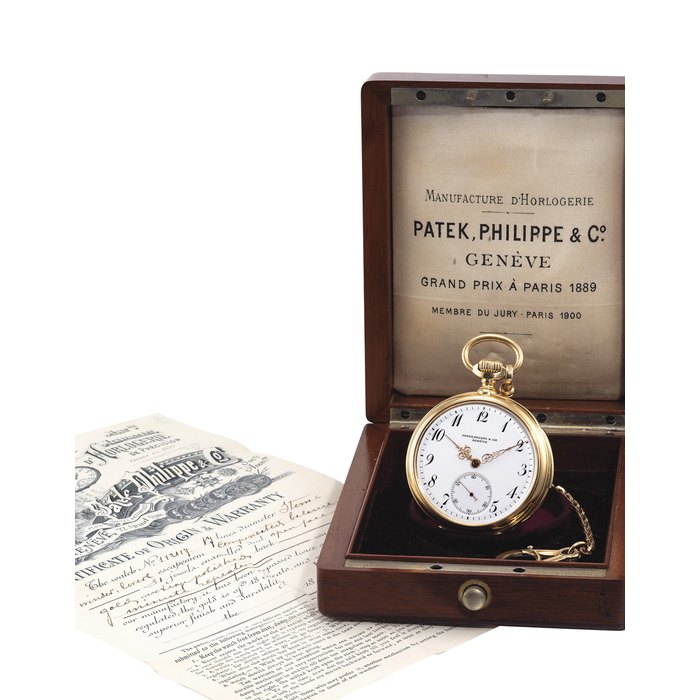 PATEK PHILIPPE. A VERY FINE 18K GOLD OPENFACE MINUTE REPEATING KEYLESS LEVER WATCH WITH ORIGINAL CERTIFICATE AND PRESENTATION BOX SIGNED PATEK PHILIPPE & CIE, GENEVE, REATILED BY HENRY OEMISCH, ROCHESTER, N.Y., MOVEMENT NO. 112'117, CASE NO. 228'032, MANUFACTURED IN 1901