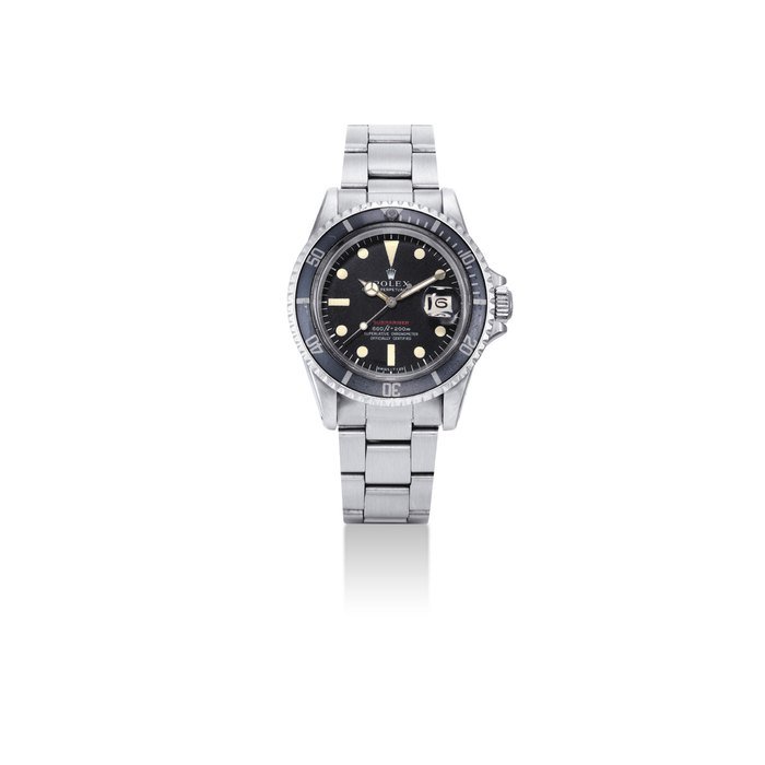 Rolex ROLEX. A RARE STAINLESS STEEL AUTOMATIC WRISTWATCH WITH SWEEP CENTRE SECONDS, DATE AND BRACELET SIGNED ROLEX, OYSTER PERPETUAL DATE, RED SUBMARINER MODEL, REF. 1680, CASE NO. 2'536'061, CIRCA 1971