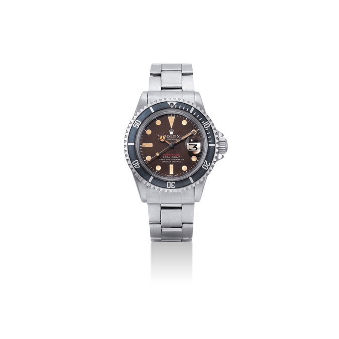 Rolex ROLEX. A RARE STAINLESS STEEL AUTOMATIC WRISTWATCH WITH SWEEP CENTRE SECONDS, DATE, BRACELET AND BROWN DIAL SIGNED ROLEX, OYSTER PERPETUAL DATE, RED SUBMARINER MODEL, REF. 1680, CASE NO. 2'771'260, CIRCA 1970