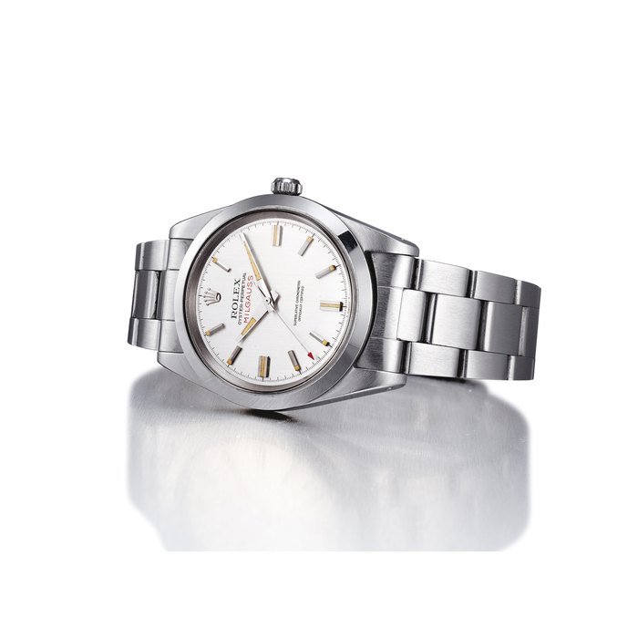 Rolex ROLEX. A FINE AND RARE STAINLESS STEEL AUTOMATIC ANTI-MAGNETIC WRISTWATCH WITH SWEEP CENTRE SECONDS AND BRACELET SIGNED ROLEX, OYSTER PERPETUAL, MILGAUSS MODEL, REF. 1019, CASE NO. 1'618'617, CIRCA 1967