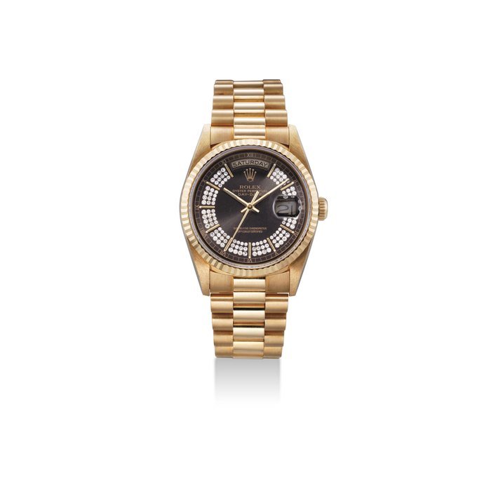 Rolex ROLEX. A FINE 18K GOLD AND DIAMOND-SET AUTOMATIC WRISTWATCH WITH SWEEP CENTRE SECONDS, DAY, DATE AND BRACELET SIGNED OYSTER PERPETUAL, DAY-DATE, REF. 18238, CASE NO. T187461, CIRCA 1996