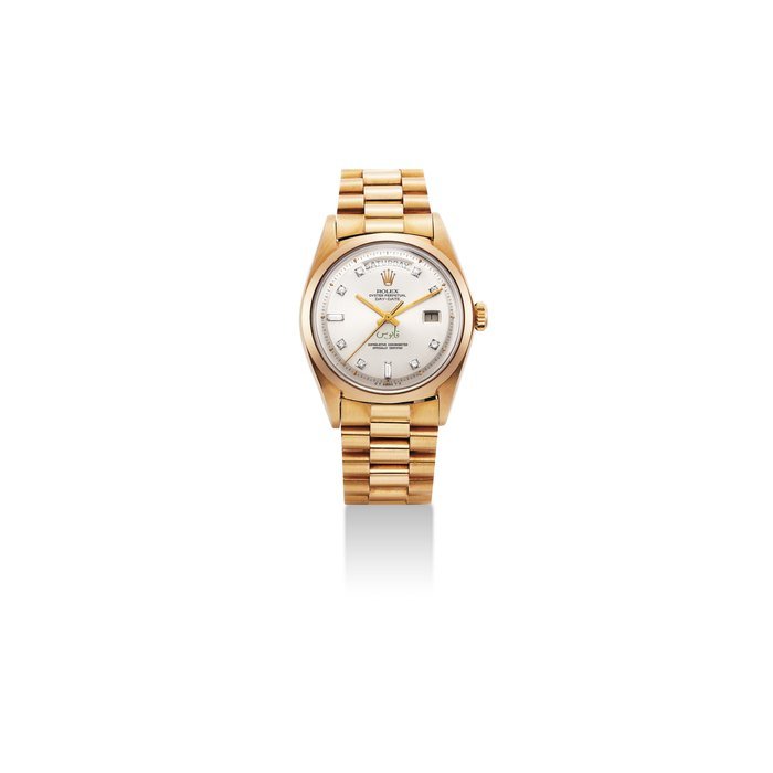Rolex ROLEX. A FINE AND VERY RARE 18K PINK GOLD AND DIAMOND-SET AUTOMATIC WRISTWATCH WITH SWEEP CENTRE SECONDS, DAY, DATE, BRACELET AND SULTAN QABOOS BIN SAID AL SAID OF OMAN DIAL SIGNED ROLEX, OYSTER PERPETUAL, DAY-DATE MODEL, REF. 1802, CASE NO. 3'937'390 CIRCA 1975