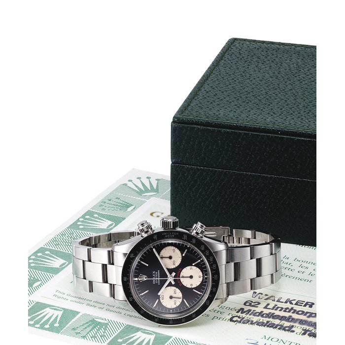 Rolex ROLEX. A FINE AND RARE STAINLESS STEEL CHRONOGRAPH WRISTWATCH WITH BRACELET SIGNED ROLEX, OYSTER COSMOGRAPH, DAYTONA MODEL, REF. 6263, CASE NO. 7'627'410, CIRCA 1982