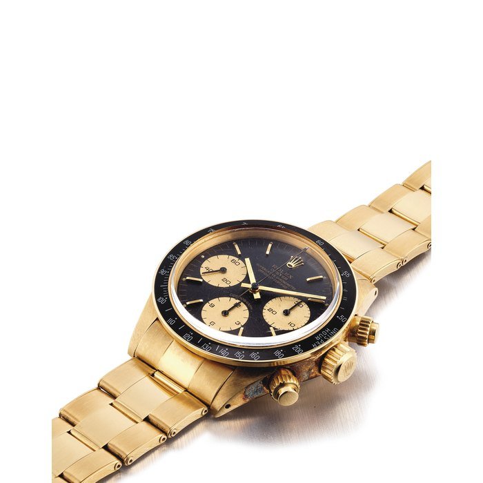 Rolex ROLEX. A FINE AND RARE 18K GOLD CHRONOGRAPH WRISTWATCH WITH BRACELET SIGNED ROLEX, OYSTER COSMOGRAPH, DAYTONA MODEL, REF. 6263, CASE NO. 6'018'955, CIRCA 1979