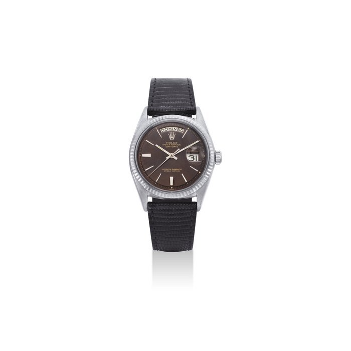 Rolex ROLEX. AN 18K WHITE GOLD AUTOMATIC WRISTWATCH WITH DAY, DATE AND BROWN DIAL SIGNED ROLEX, OYSTER PERPETUAL, DAY-DATE, REF. 1803, CASE NO. 1'303'794, CIRCA 1965
