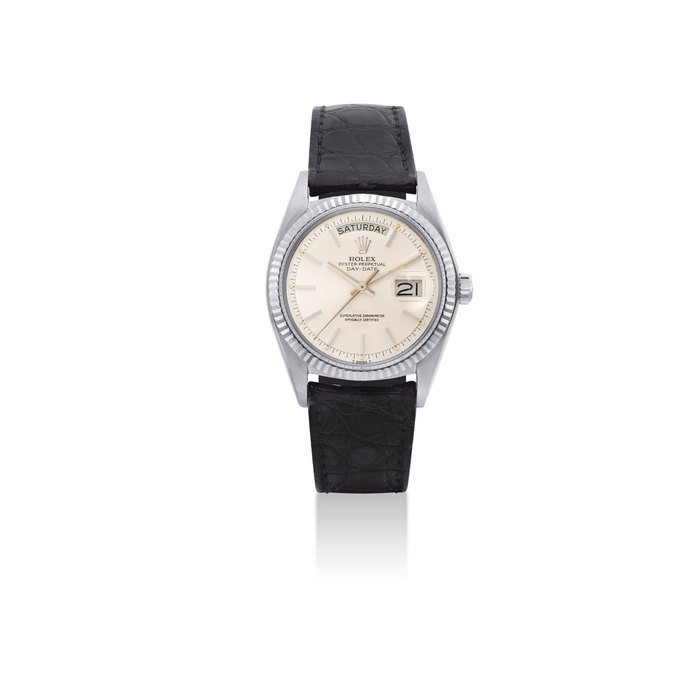 Rolex ROLEX. A FINE 18K WHITE GOLD AUTOMATIC WRISTWATCH WITH DAY AND DATE SIGNED ROLEX, OYSTER PERPETUAL, DAY-DATE MODEL, REF. 1803, CASE NO. 5'296'939, CIRCA 1978