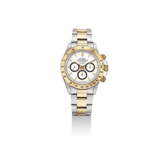 Rolex ROLEX. A FINE AND EXTREMELY RARE STAINLESS STEEL AND GOLD AUTOMATIC CHRONOGRAPH WRISTWATCH WITH PORCELAIN DIAL AND BRACELET SIGNED ROLEX, OYSTER PERPETUAL, COSMOGRAPH DAYTONA MODEL, REF. 16523, CASE NO. R985548, CIRCA 1988