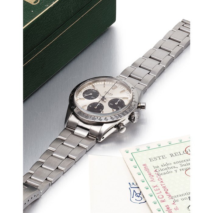 Rolex ROLEX. A FINE AND RARE STAINLESS STEEL CHRONOGRAPH WRISTWATCH WITH BRACELET SIGNED ROLEX, COSMOGRAPH, REF. 6239, CASE NO. 1'194'635, CIRCA 1965 · 6239