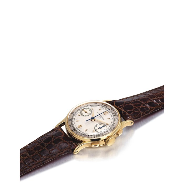 PATEK PHILIPPE. A RARE 18K GOLD CHRONOGRAPH WRISTWATCH SIGNED PATEK PHILIPPE & CO., GENEVE, REF. 130, MOVEMENT NO. 863'382, CASE NO. 636'974, MANUFACTURED IN 1944