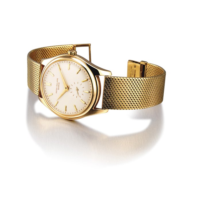 PATEK PHILIPPE. A VERY FINE AND RARE 18K GOLD AUTOMATIC WRISTWATCH WITH ENAMEL DIAL SIGNED PATEK PHILIPPE, GENEVE, REF. 2526, MOVEMENT NO. 761'191, CASE NO. 684'485, MANUFACTURED IN 1954