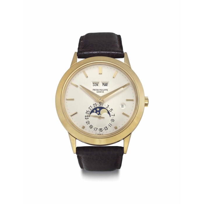Patek Philippe. A Very Fine and Rare 18k Gold Automatic Perpetual Calendar Wristwatch With Moon Phases and Leap Year Indicator SIGNED PATEK PHILIPPE, GENÈVE, REF. 3450, MOVEMENT NO. 1'119'738, CASE NO. 2'805'744, MANUFACTURED IN 1984