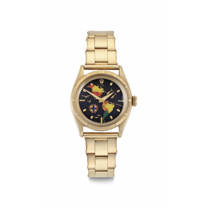Rolex Rolex. A Superlative and Possibly Unique 18k Gold and Cloisonné Automatic Wristwatch with Map of the Americas and Bracelet SIGNED ROLEX, REF. 6101, CASE NO. 902'568, CIRCA 1953