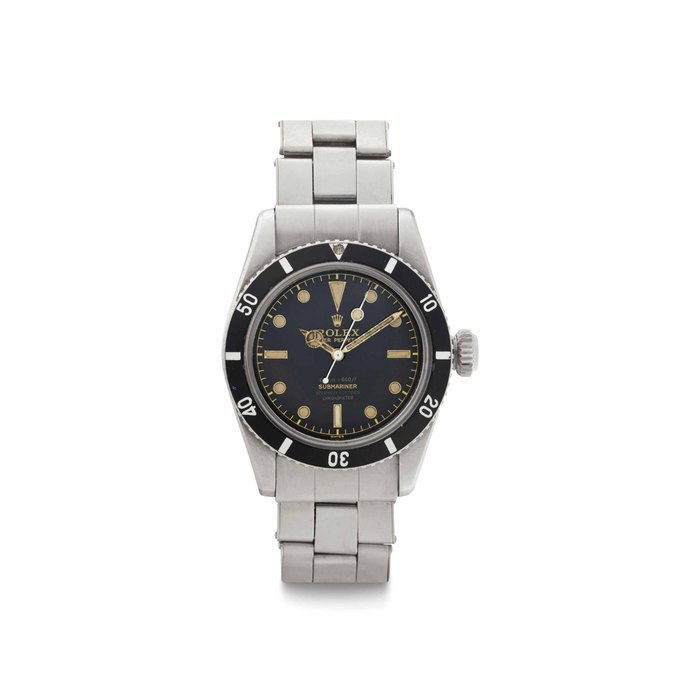 Rolex Rolex. A Very Rare and Fine Stainless Steel Automatic Wristwatch with Gilt Four-Line Dial and Center Seconds SIGNED ROLEX, OYSTER PERPETUAL, 200M=660FT, SUBMARINER, REF. 6538, CASE NO. 307'137, MANUFACTURED IN 1957