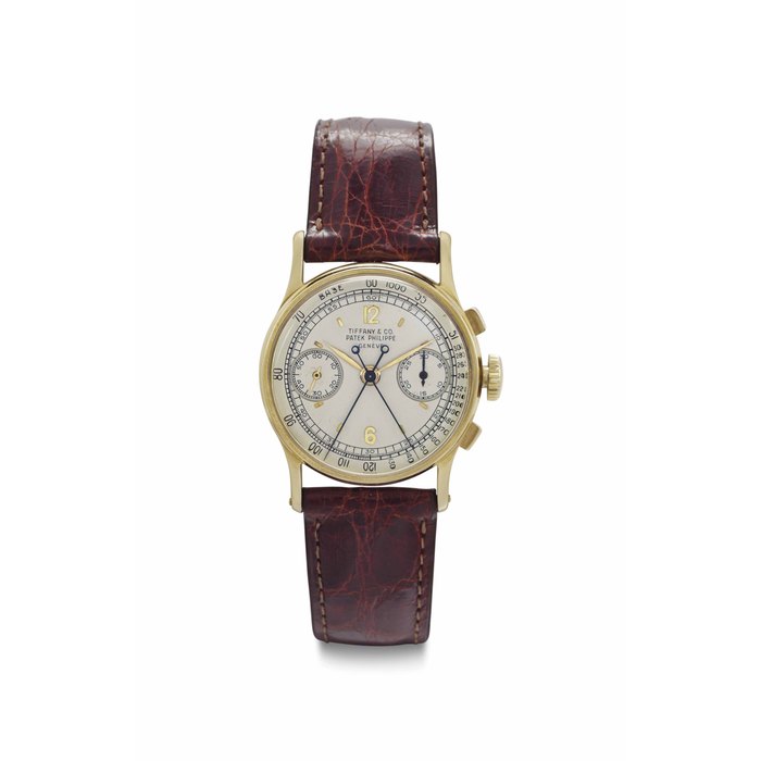 Patek Philippe and Tiffany & Co. A Very Fine and Rare 18k Gold Split-Seconds Chronograph Wristwatch SIGNED PATEK PHILIPPE, GENÈVE, RETAILED BY TIFFANY & CO., REF. 1436, MOVEMENT NO. 867'851, CASE NO. 663'041, MANUFACTURED IN 1950