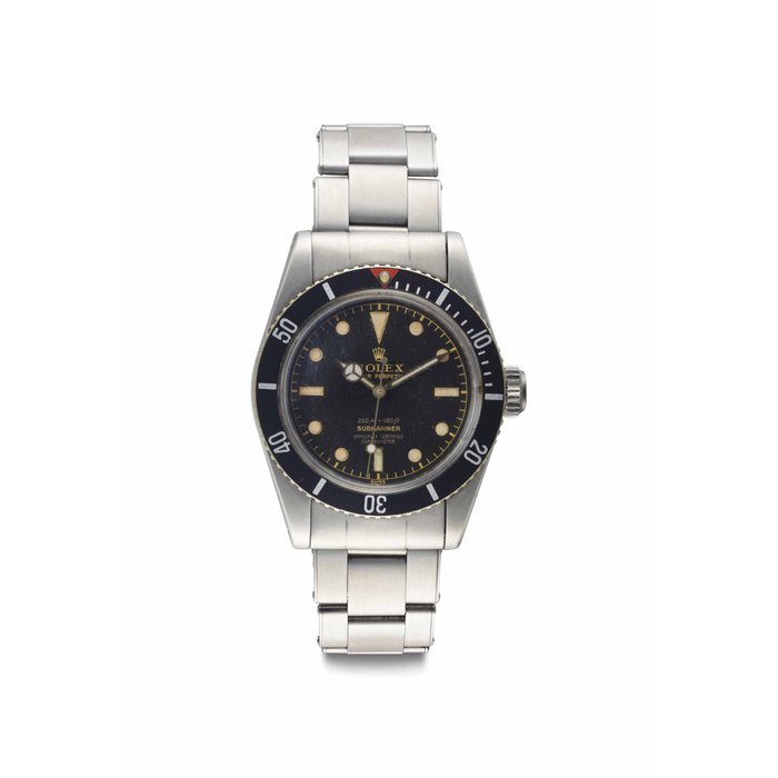 Rolex Rolex. A Very Rare and Fine Stainless Steel Automatic Wristwatch with Gilt Four-Line Dial, Center Seconds and Bracelet Signed Rolex, Oyster Perpetual, 200m=660ft, Submariner, Ref. 6538, Case No. 383'899, Manufactured in 1958