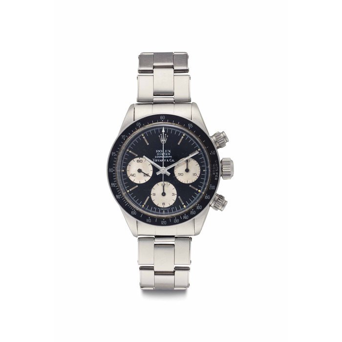 Rolex Rolex. A Very Fine and Rare Stainless Steel Automatic Chronograph Wristwatch with Black Dial and Bracelet Signed Rolex, Oyster, Cosmograph, Retailed by Tiffany & Co., Ref. 6263, Case No. 3'972'349, Circa 1974