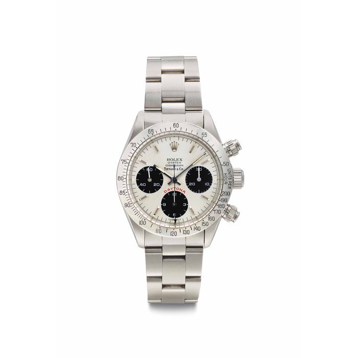Rolex Rolex. A Fine and Very Attractive Chronograph Wristwatch with Bracelet Signed Rolex, Oyster, Cosmograph, Daytona, Retailed by Tiffany & Co., Ref. 6265, Case No. 9’324’043, Circa 1986 · 6265