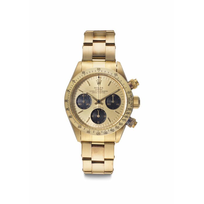 Rolex Rolex. A Rare and Very Fine 18k Gold Chronograph Wristwatch with Bracelet Signed Rolex, Oyster, Cosmograph, Ref. 6265, Case No. 9'649'250, Circa 1987 · 6265