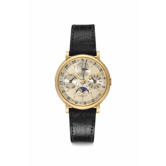 Audemars Piguet Audemars Piguet. An Extremely Fine, Rare and Important 18k Gold Perpetual Calendar Wristwatch with Leap Year, Moon Phases and Two-tone Dial Signed Audemars Piguet, Genève, Leap Year Perp. Cal., Ref 5516, Movement No. 73'013, Manufactured in 1957
