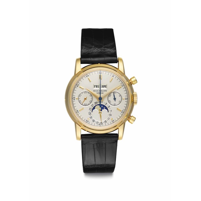 Patek Philippe. A Fine and Important 18k Gold Perpetual Calendar Chronograph Wristwatch with Moon Phases Signed Patek Philippe, Genève, Ref. 2499, Movement No. 869’466, Case No. 2’700’424, Manufactured in 1977
