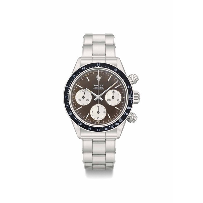 Rolex Rolex. A very rare and attractive stainless steel chronograph wristwatch with brown dial, bracelet, original guarantee and box SIGNED ROLEX, OYSTER COSMOGRAPH, REF. 6240, CASE NO. 1'438'978, MANUFACTURED IN 1966
