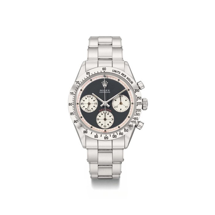 Rolex Rolex. A very rare and attractive stainless steel chronograph wristwatch with black dial and bracelet SIGNED ROLEX, COSMOGRAPH DAYTONA, PAUL NEWMAN MODEL, REF. 6239, CASE NO. 1'695'129, MANUFACTURED IN 1967 · 6239