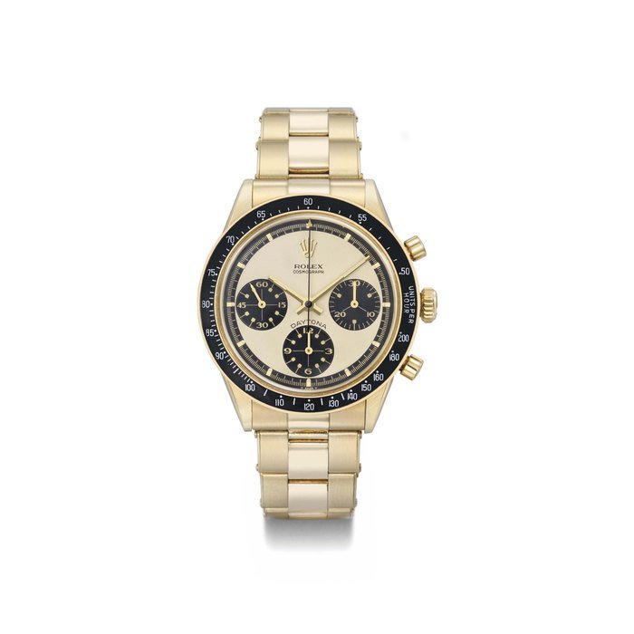 Rolex Rolex. A very rare and attractive 14K gold chronograph wristwatch with champagne dial and bracelet SIGNED ROLEX, COSMOGRAPH, DAYTONA, PAUL NEWMAN MODEL, REF. 6241, CASE NO. 2'112'949, MANUFACTURED IN 1969