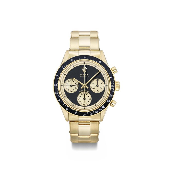Rolex Rolex. A very rare and attractive 14K gold chronograph wristwatch with guarantee and box SIGNED ROLEX, COSMOGRAPH, DAYTONA, PAUL NEWMAN MODEL, REF. 6241, CASE NO. 2'112'967, MANUFACTURED IN 1969