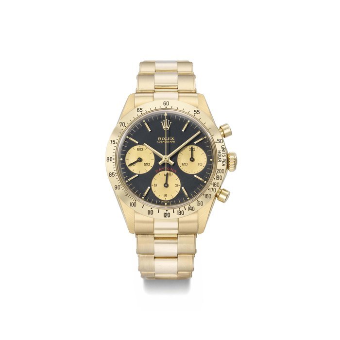 Rolex Rolex. An extremely rare and important 18K gold chronograph wristwatch with black dial and bracelet SIGNED ROLEX, COSMOGRAPH, DAYTONA, REF. 6262, CASE NO. 2'330'469, MANUFACTURED IN 1970