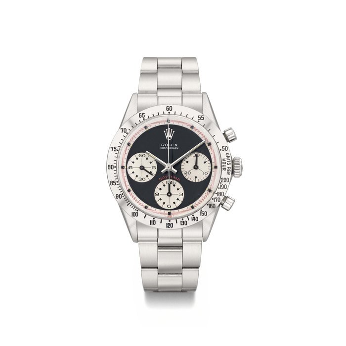 Rolex Rolex. An extremely rare and attractive stainless steel chronograph wristwatch with black "transitional-saucer" dial, bracelet, original certificate and box SIGNED ROLEX, COSMOGRAPH DAYTONA, PAUL NEWMAN MODEL, REF. 6262, CASE NO. 2'475'334, MANUFACTURED IN 1970