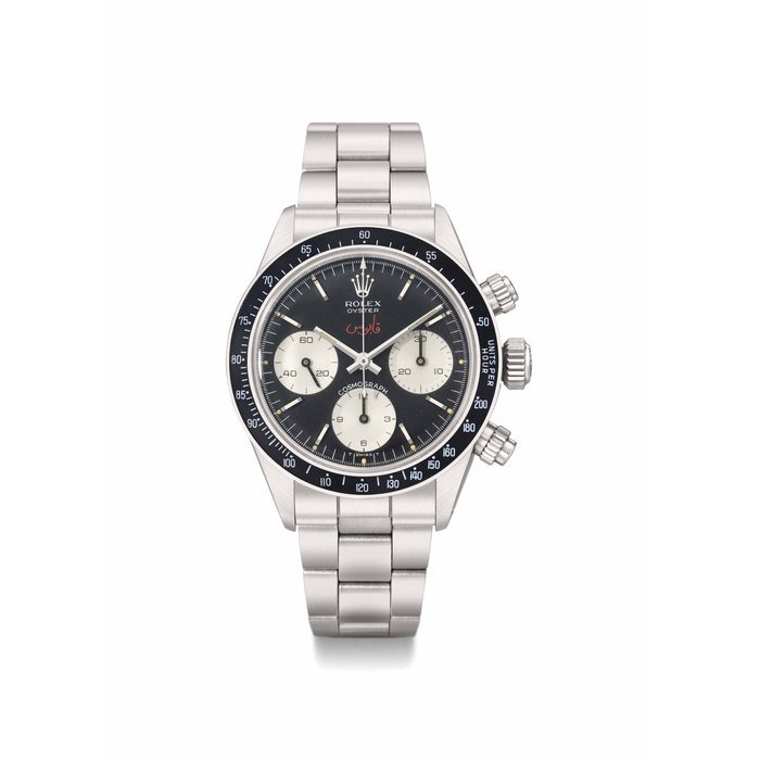 Rolex Rolex. An extremely rare and highly important stainless steel chronograph wristwatch with bracelet and box, especially made for Sultan Qaboos bin Said Al Said and retailed by Asprey SIGNED ROLEX, OYSTER COSMOGRAPH, REF. 6263, CASE NO. 3'655'344, MANUFACTURED IN 1974 AND SOLD BY ASPREY TO OMAN
