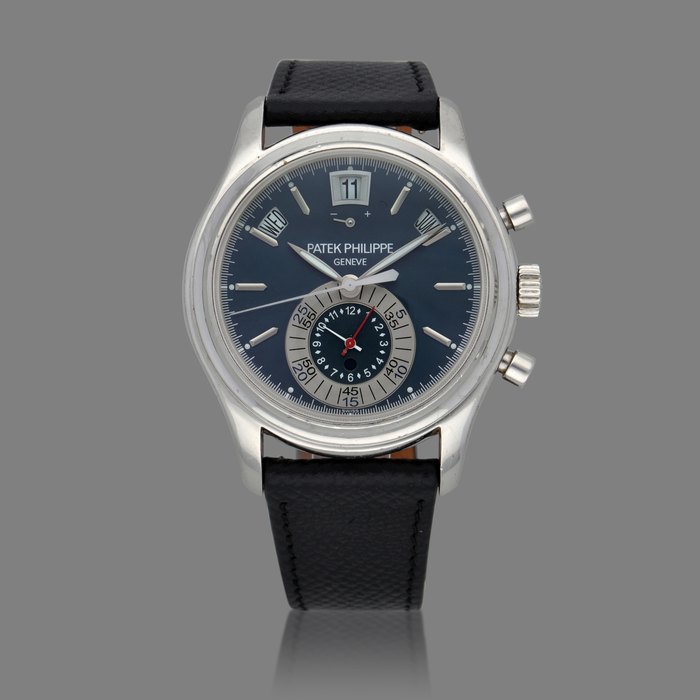 Patek Philippe Reference 5960P-015 A platinum annual calendar flyback chronograph wristwatch with power reserve and day/night indication Circa 2012 | 百達翡麗 | 型號 5960P-015 鉑金年曆飛返計時腕錶備動力儲存及晝夜顯示，製作年份約 2012