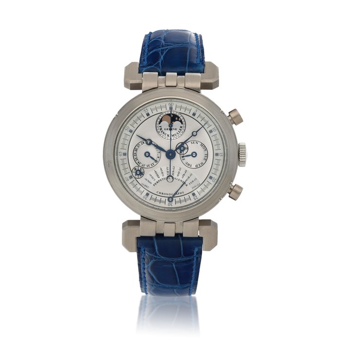Franck Muller Ref. QPE DF, White gold double-faced perpetual calendar chronograph wristwatch with articulated lugs, moon phases, equation of time, retrograde months, leap-year and 24-hour indication Circa 1993 | QPE DF型號白金雙面萬年曆計時腕錶備月相、時間等式、逆跳月份、閏年及24小時顯示，約1993年製