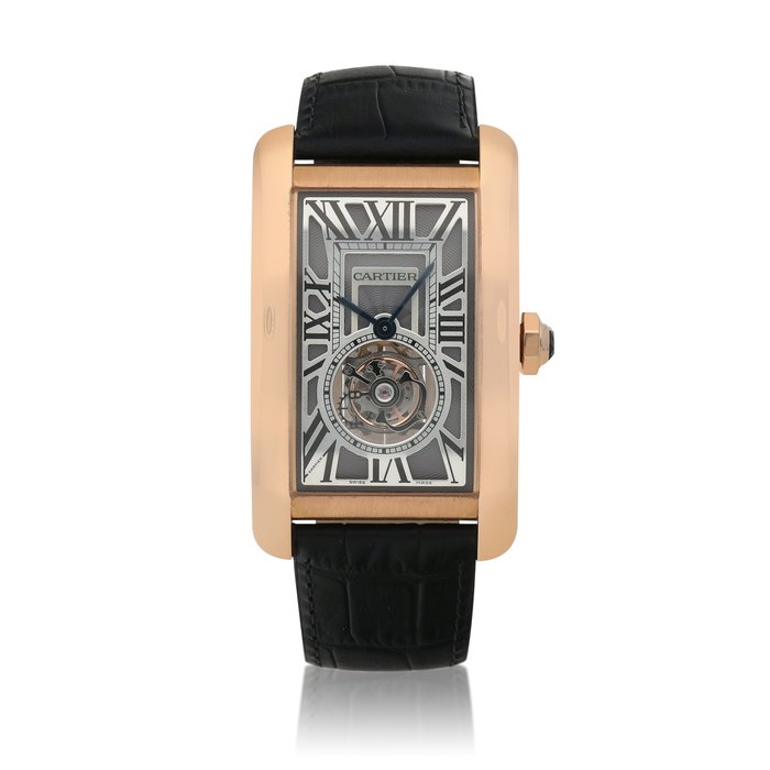 Cartier Tank Americaine Flying Tourbillon, Ref. 3200  Pink gold skeletonized wristwatch with tourbillon  Circa 2009