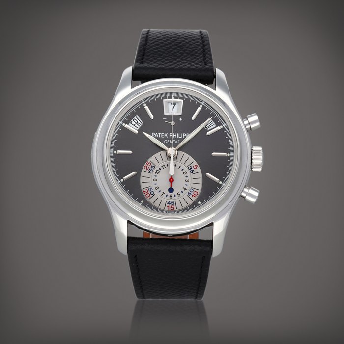 Patek Philippe Reference 5960P-001 A platinum annual calendar chronograph wristwatch with power reserve and day/night indication Circa 2008 | 百達翡麗 | 型號 5960P-001 鉑金年曆計時腕錶備動力儲存及晝夜顯示，製作年份約 2008
