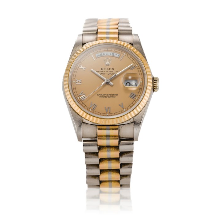 Rolex Reference 18239 Day-Date 'Tridor' | A white, pink and yellow gold automatic wristwatch with day, date and bracelet, Circa 1990 | 勞力士 18239 型號 Day-Date 'Tridor' | 白金、粉紅金及黃金自動上鏈鍊帶腕錶備星期及日期顯示，約1990年製