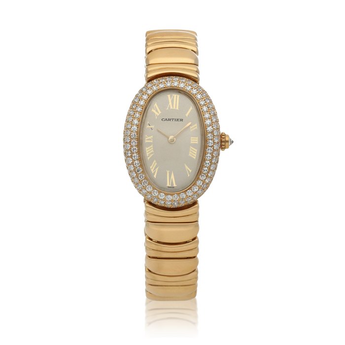 Cartier Baignoire, Ref. 1950  Yellow gold and diamond-set wristwatch with bracelet  Circa 2000